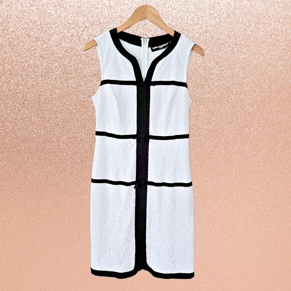 Karl Lagerfeld White Lace Sleeveless Sheath Dress Size 6 Black Contrast Trim Bow - Picture 1 of 10